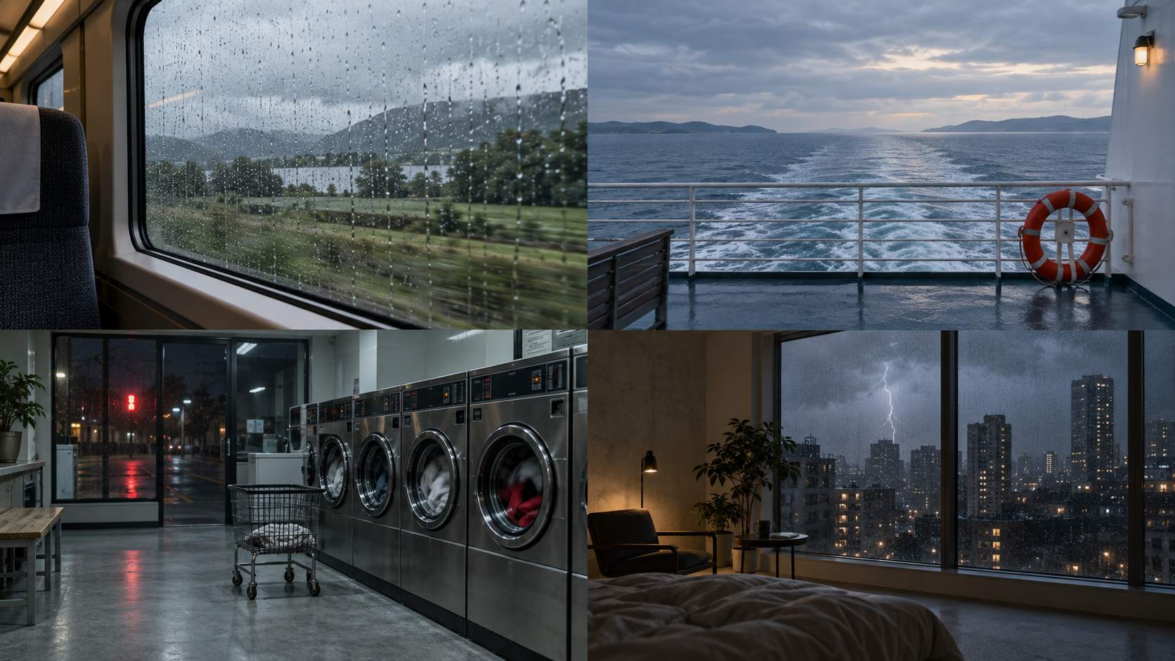 Four passive settings: a rainy train journey, a ferry at sea, a laundromat at night, and a city thunderstorm